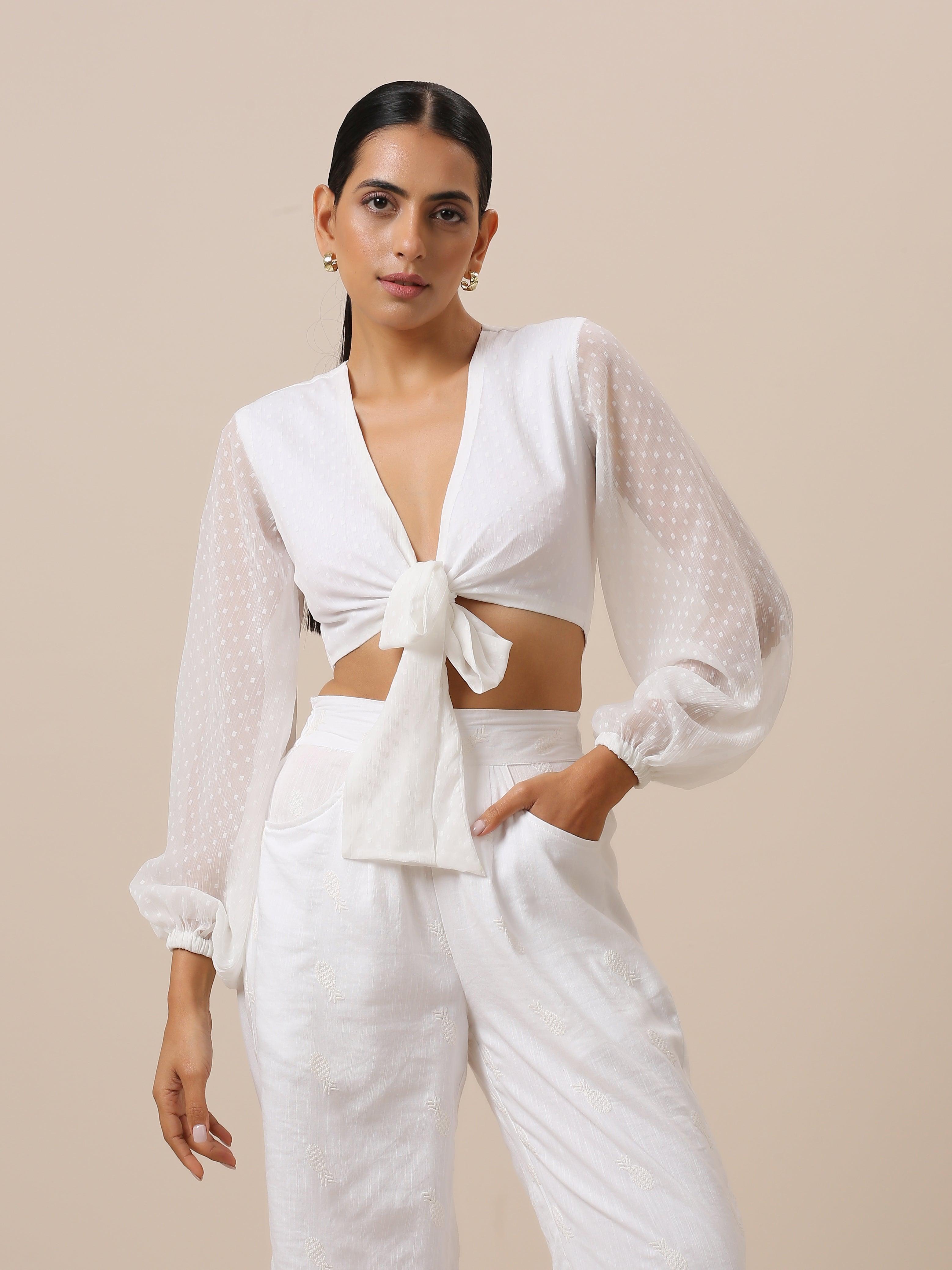 trueBrowns Chiffon White Dobby Tie Up Top - Distacart