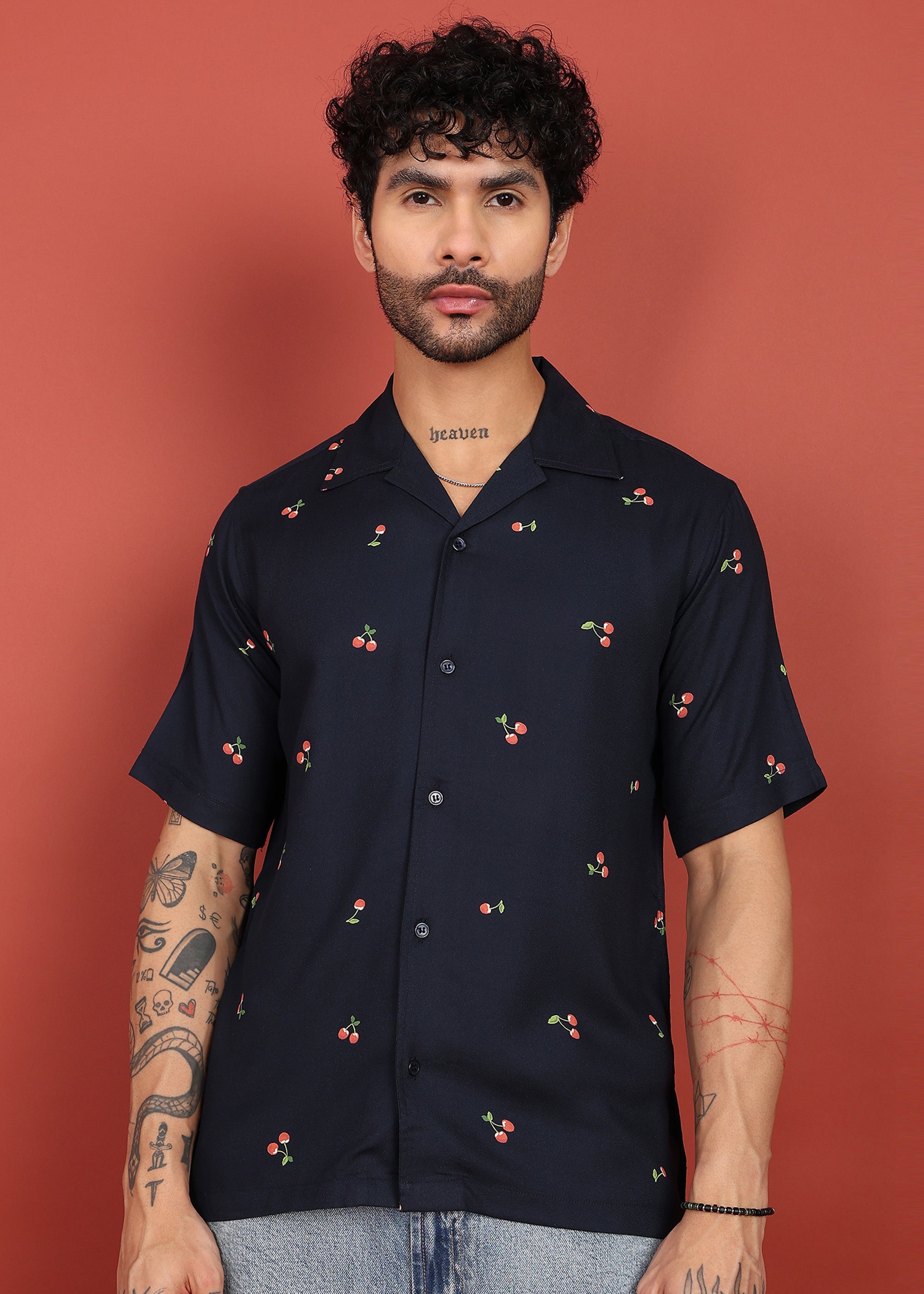 Fabmade Midnight Cherry Printed Cuban Collar Shirt - Distacart