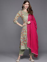 Thumbnail for Varanga Floral Printed Embroidered Kurta With Straight Pant And Chiffon Dupatta - Distacart