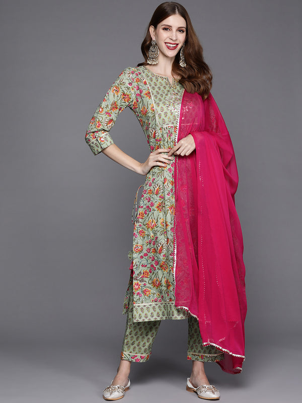 Varanga Floral Printed Embroidered Kurta With Straight Pant And Chiffon Dupatta - Distacart