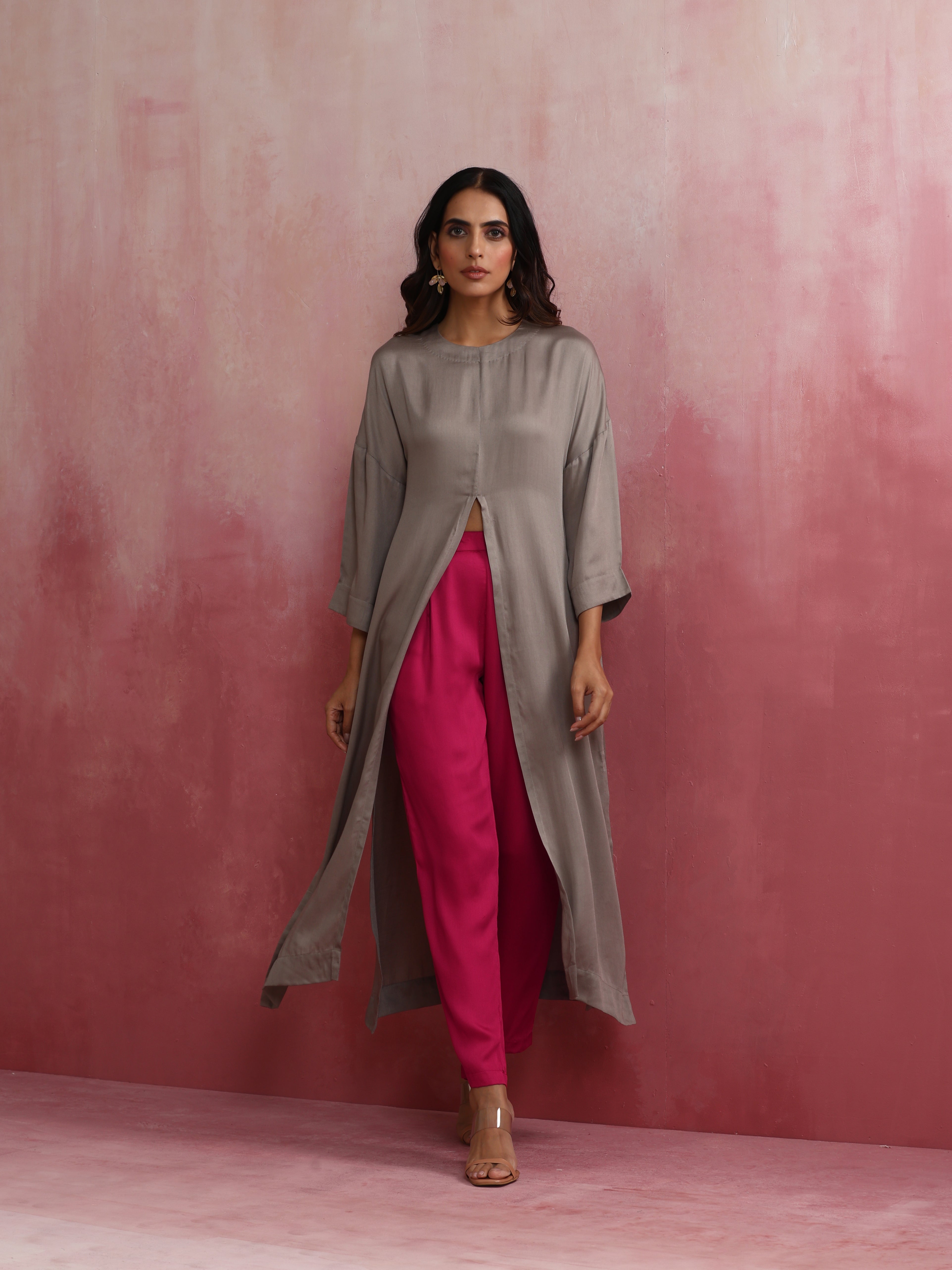trueBrowns Grey High Slit Modal Kurta Set - Distacart