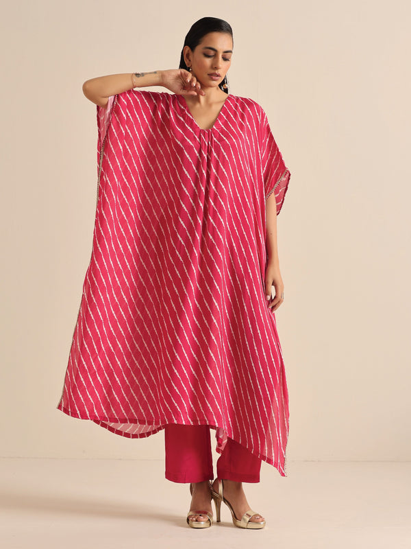 trueBrowns Pink Lehariya Printed Silk Kaftan Pant Set - Distacart