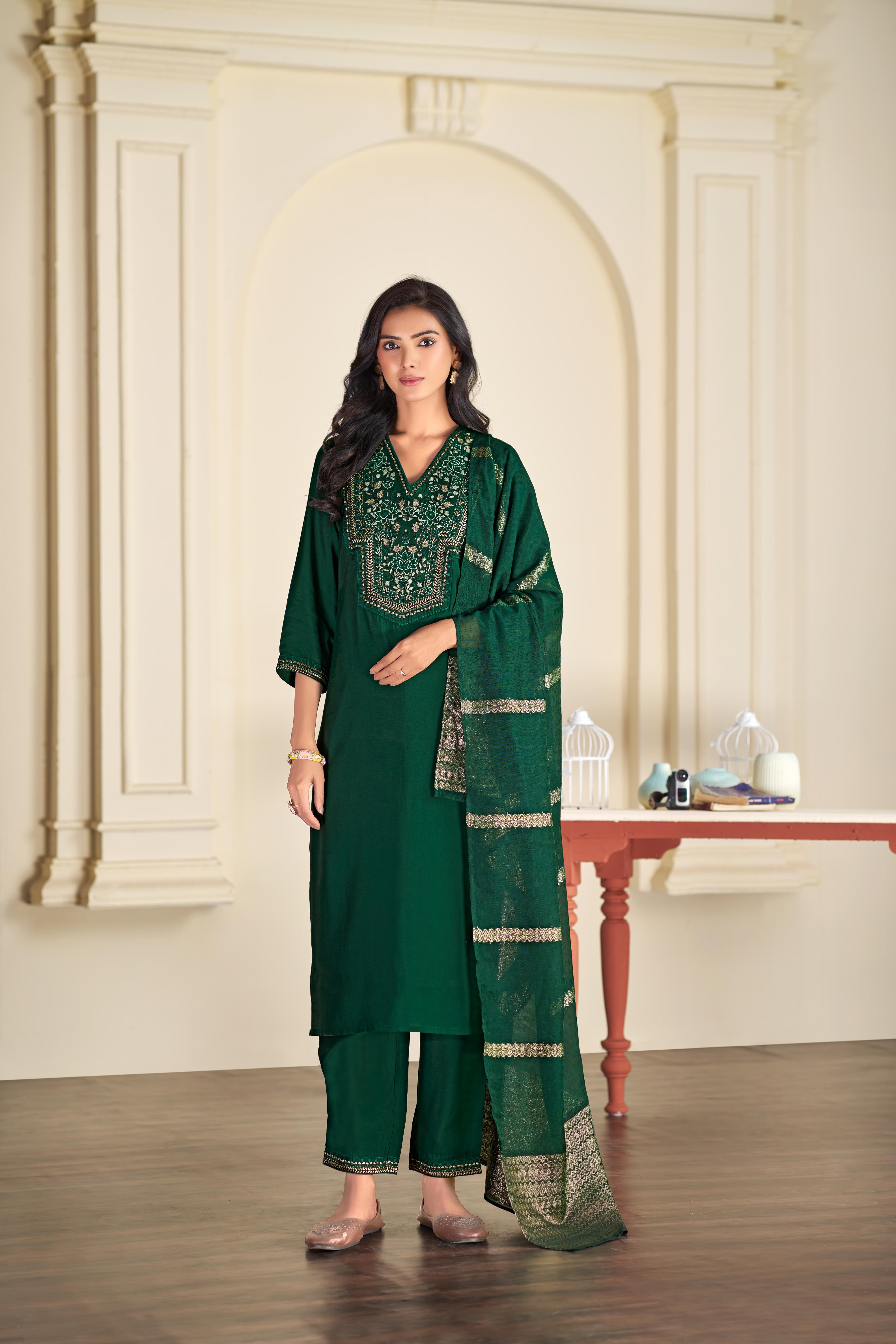 BulBul Ruhani Solid Green & Golden Embroidered Roman Silk Salwar Suit