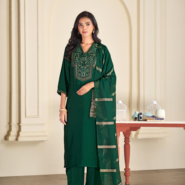 BulBul Ruhani Solid Green & Golden Embroidered Roman Silk Salwar Suit