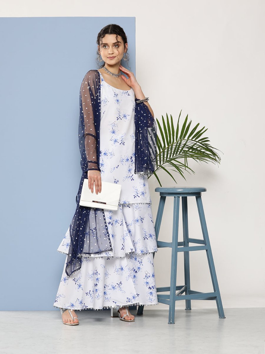 Ahalyaa Women White Floral Printed Sequinned Kurta with Sharara & With Dupatta - Distacart