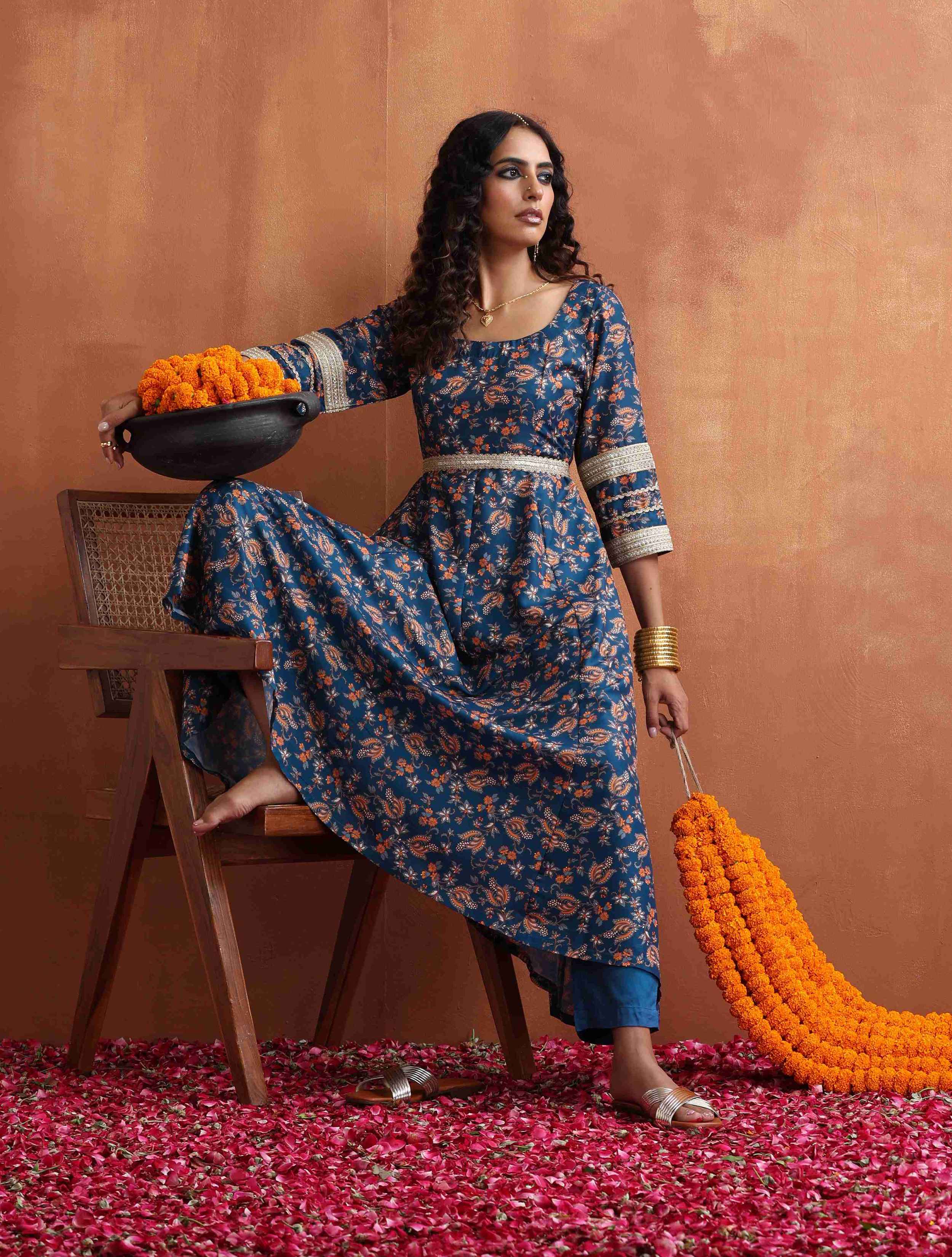trueBrowns Blue Print Flared Anarakali Kurta Set - Distacart