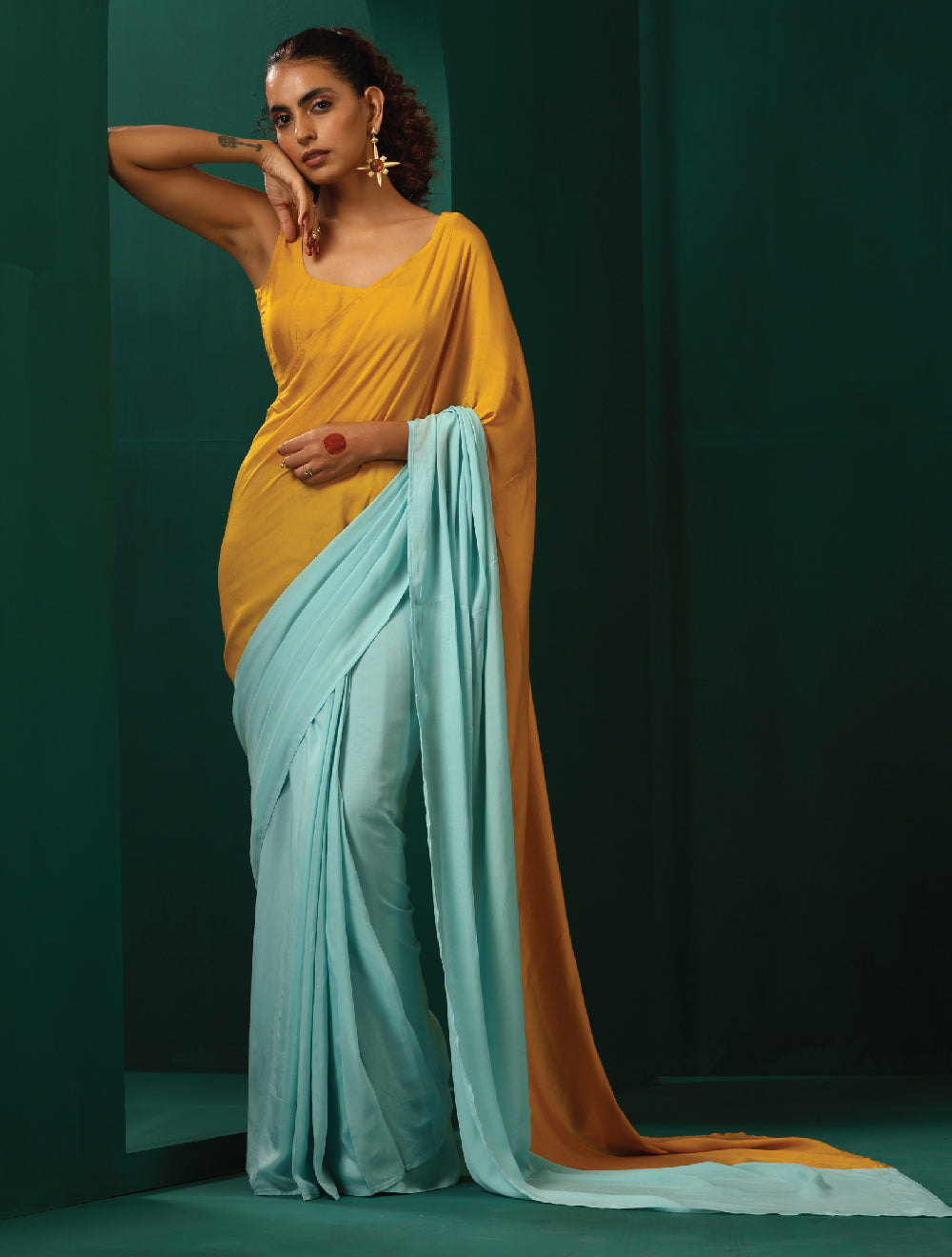 trueBrowns Blue Mustard Muslin Silk Ready to Wear Saree - Distacart