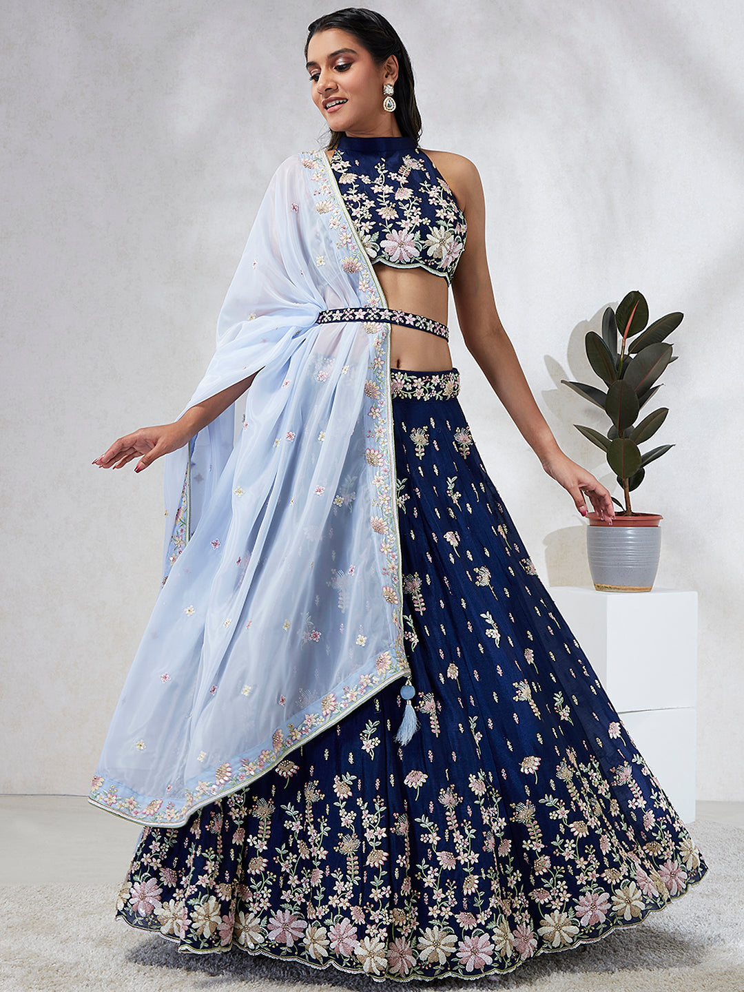 House of Panchhi Navy Blue Pure Georgette Sequins And Thread Embroidery Lehenga Choli & Dupatta - Distacart