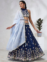 Thumbnail for House of Panchhi Navy Blue Pure Georgette Sequins And Thread Embroidery Lehenga Choli & Dupatta - Distacart