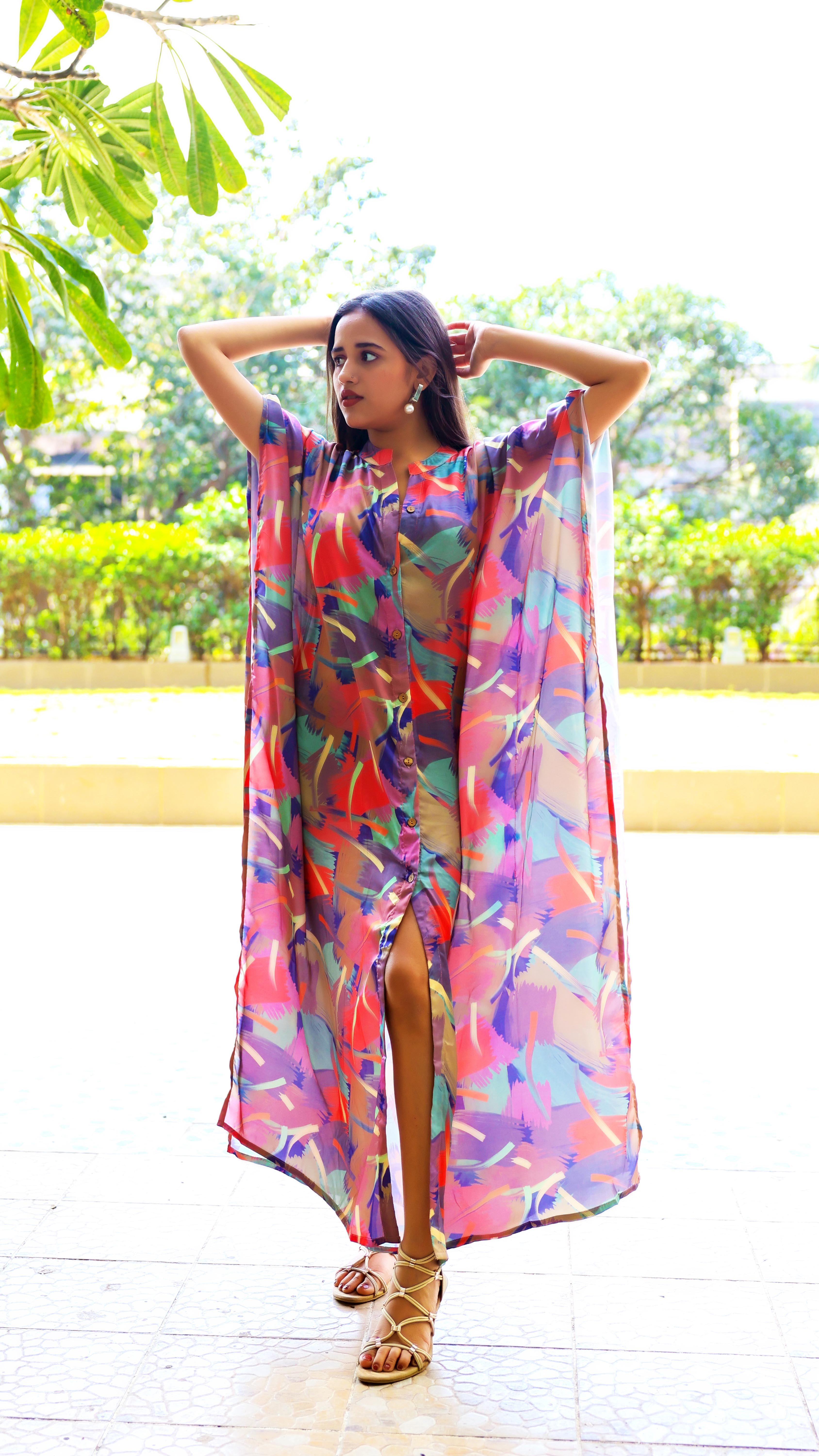 Noroke Sustainable fabric | Bemberg Abstract Printed Shirt Style Kaftan - Distacart