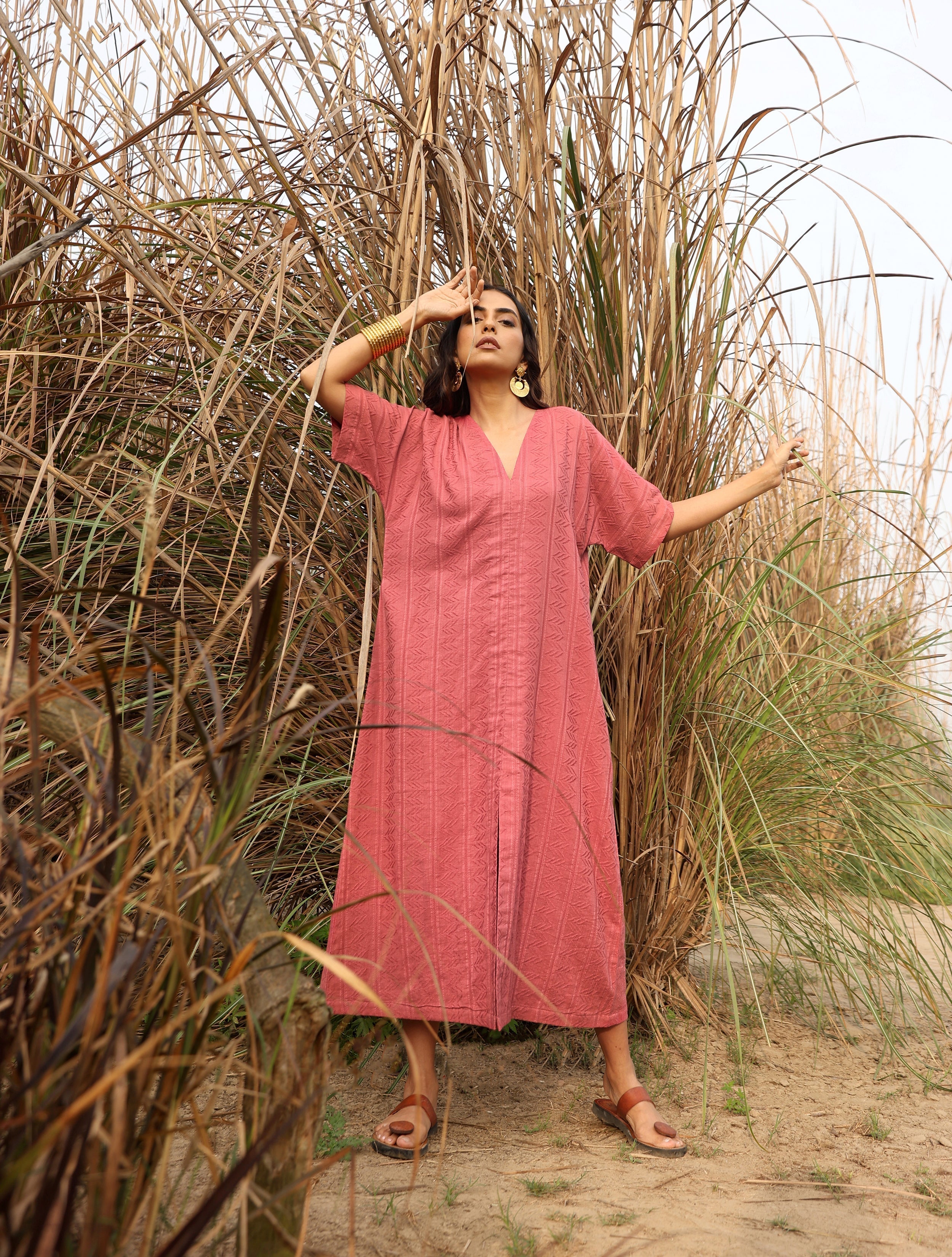 trueBrowns Coral Cotton Dobby Front Slit Dress - Distacart