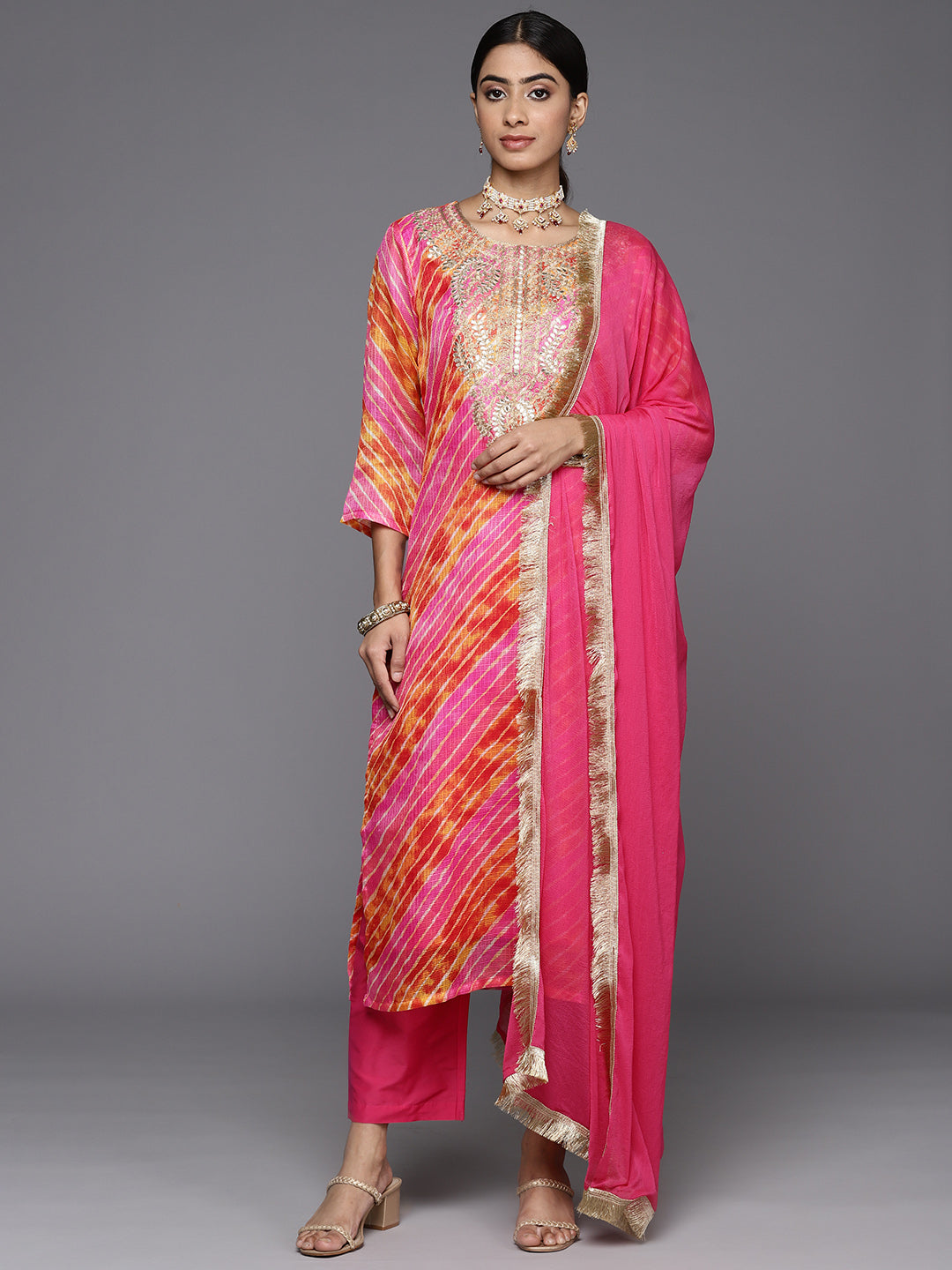 Varanga Women Pink And Yellow Lehariya, Gota Embroidered Yoke Straight Kurta Paired With Tonal Bottom And Tonal Dupatta - Distacart