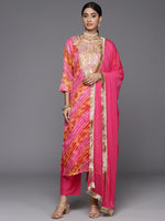 Thumbnail for Varanga Women Pink And Yellow Lehariya, Gota Embroidered Yoke Straight Kurta Paired With Tonal Bottom And Tonal Dupatta - Distacart