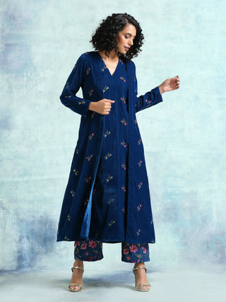trueBrowns Blue Embroidered Velvet Overlay Jacket - Distacart