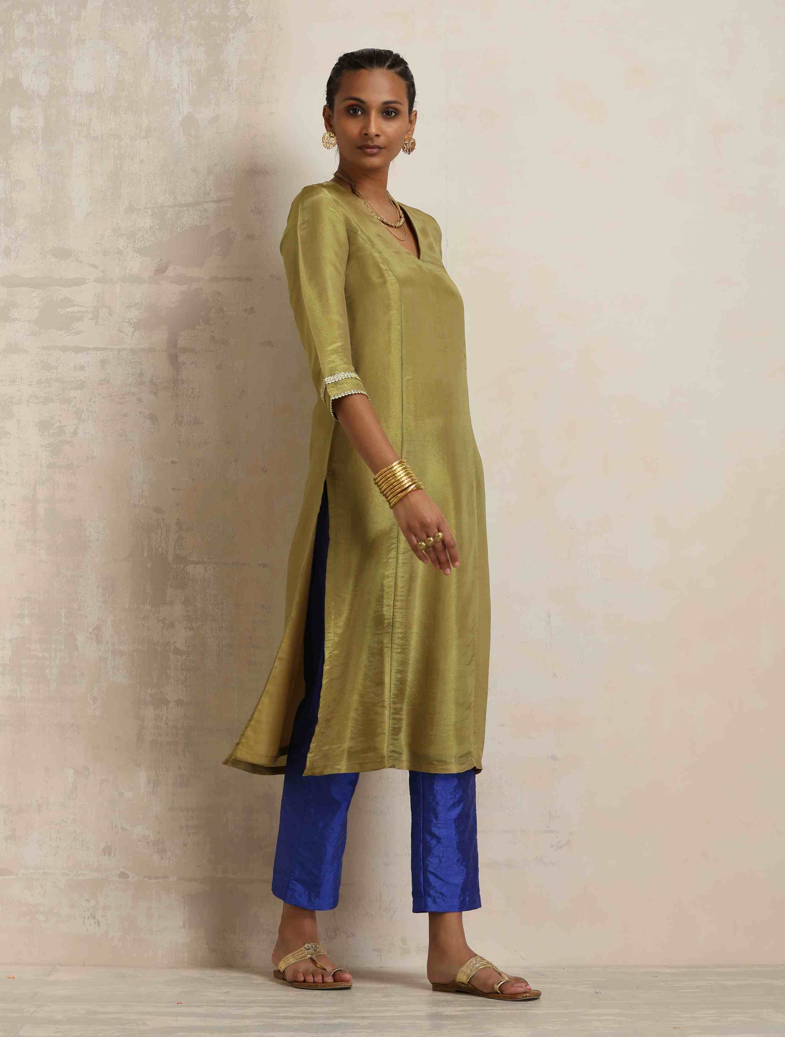 trueBrowns Green Tissue Straight Kurta Set - Distacart
