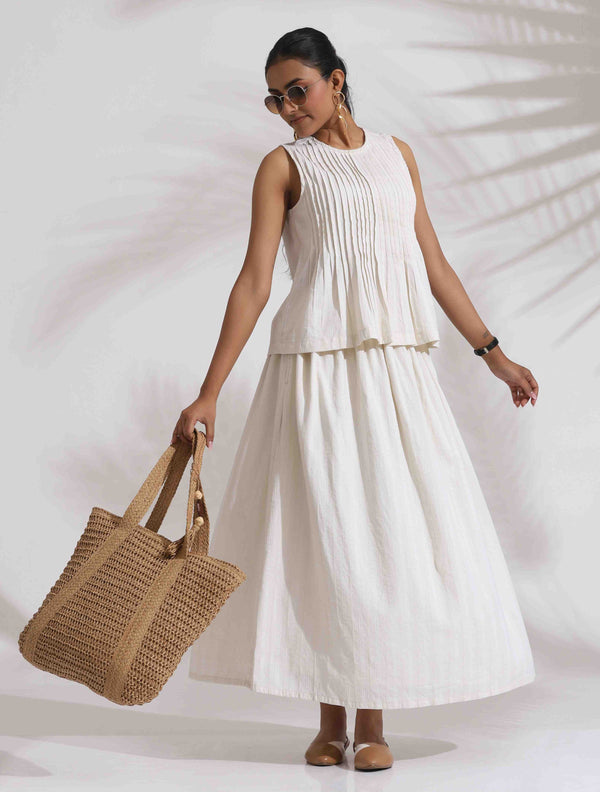 trueBrowns Off-White Cotton Skirt Co-ord Set