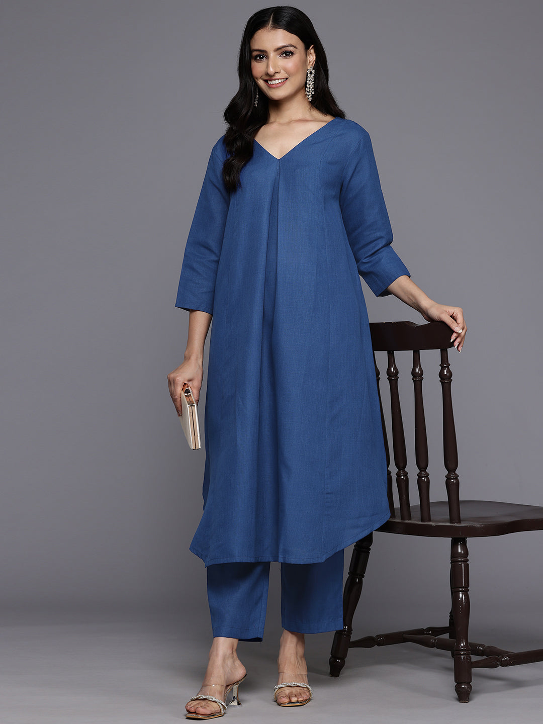 Varanga Women Blue Solid A-Line Kurta Paired With Tonal Bottom - Distacart