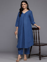Thumbnail for Varanga Women Blue Solid A-Line Kurta Paired With Tonal Bottom - Distacart