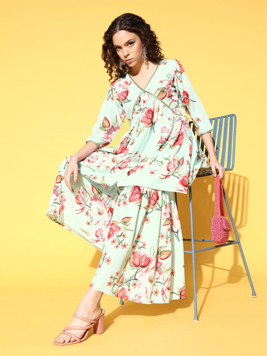 Ahalyaa Women Floral Printed Pleated Kurti with Sharara - Distacart