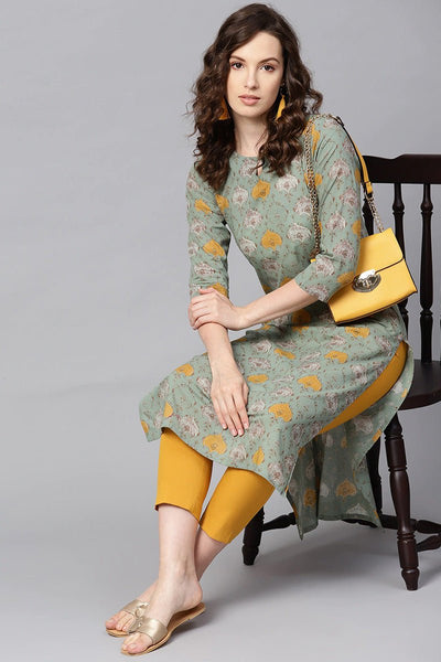 Ahika Green & Mustard Yellow Rayon Blend Printed Straight Kurta