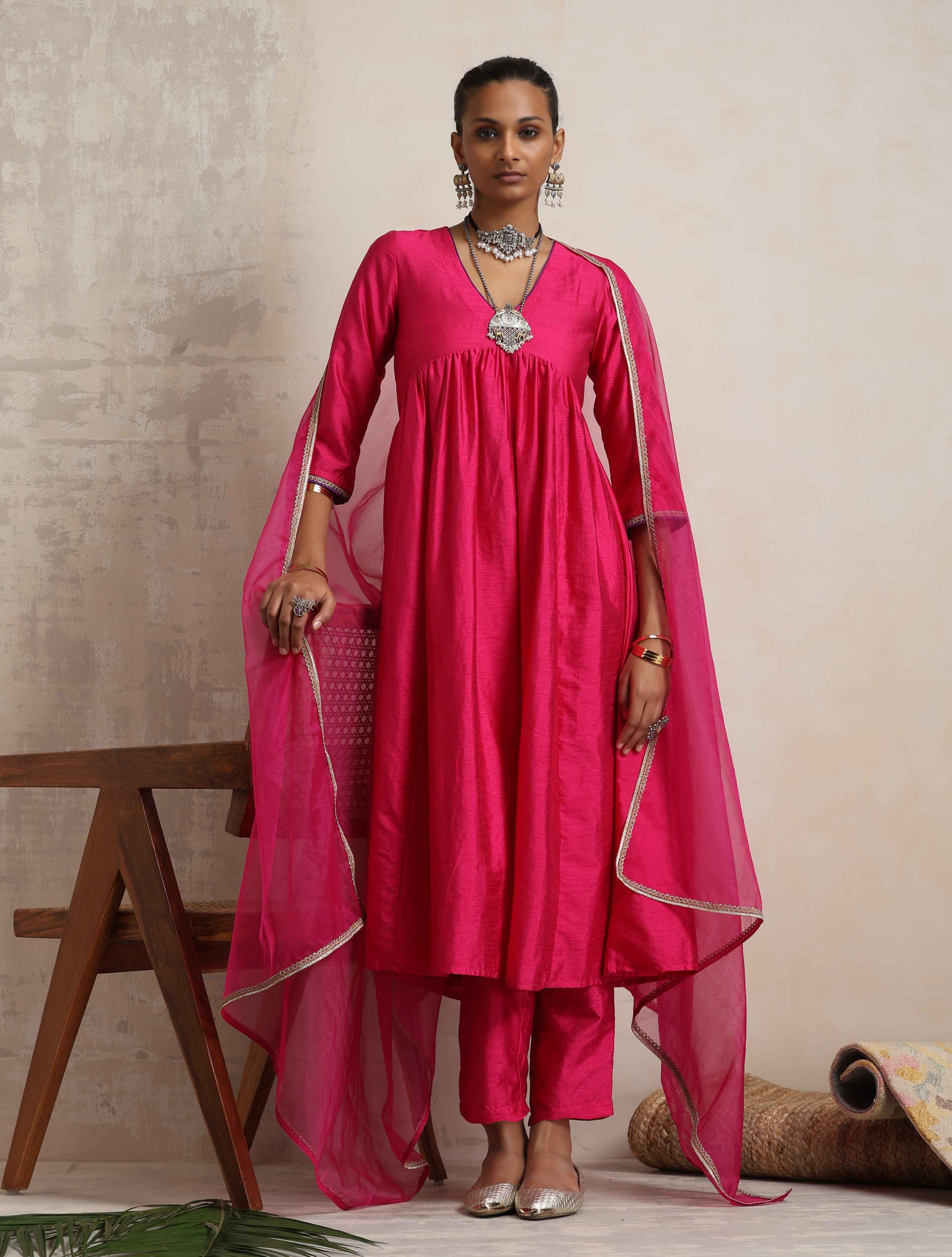 trueBrowns Pink Silk Anarkali Kurta Pant Dupatta Set - Distacart