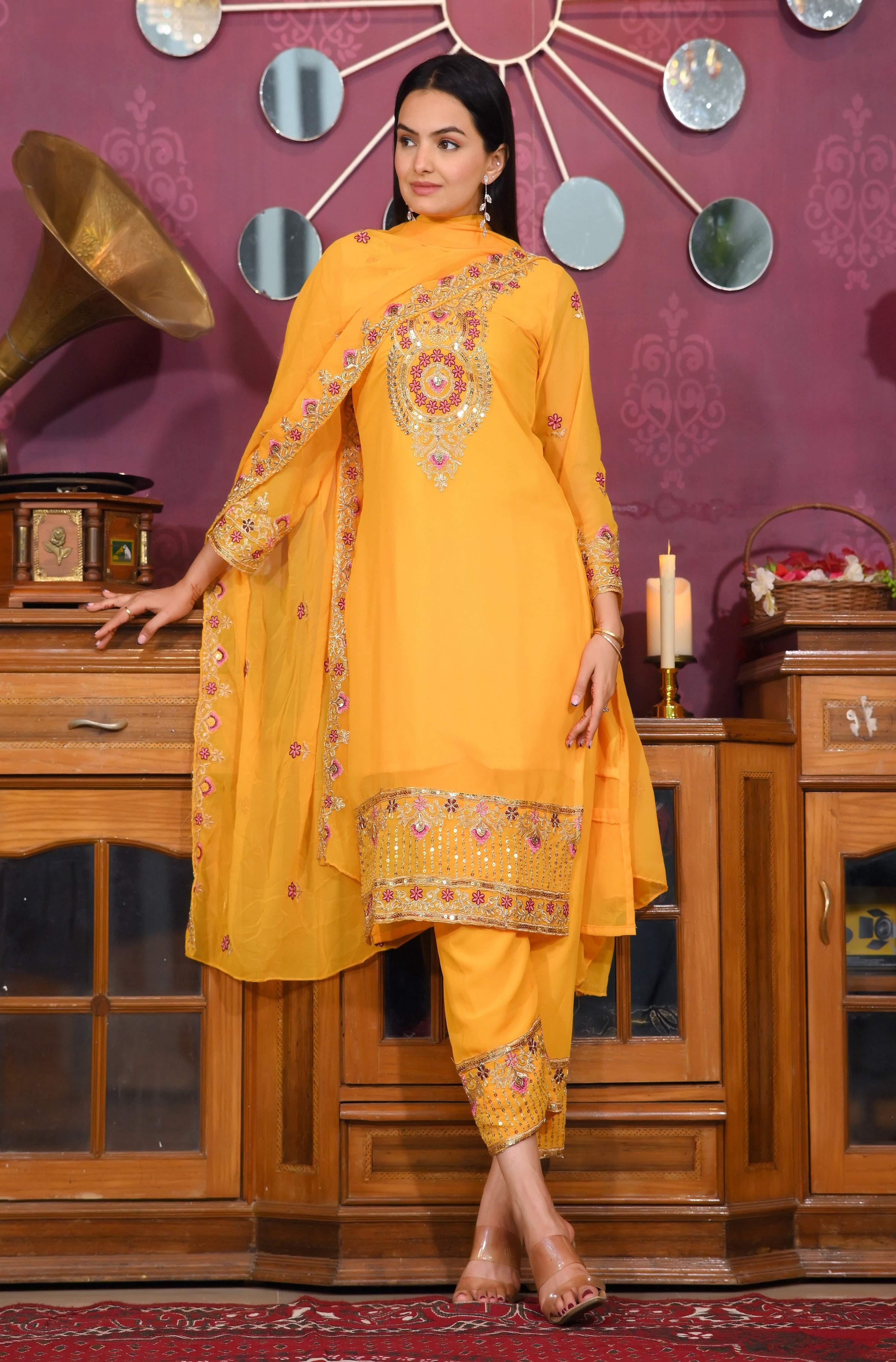 Teeya Creation Yellow Color Faux Georgette Silk Heavy Embroidery Work Fully Stitched Salwar Suit - Distacart