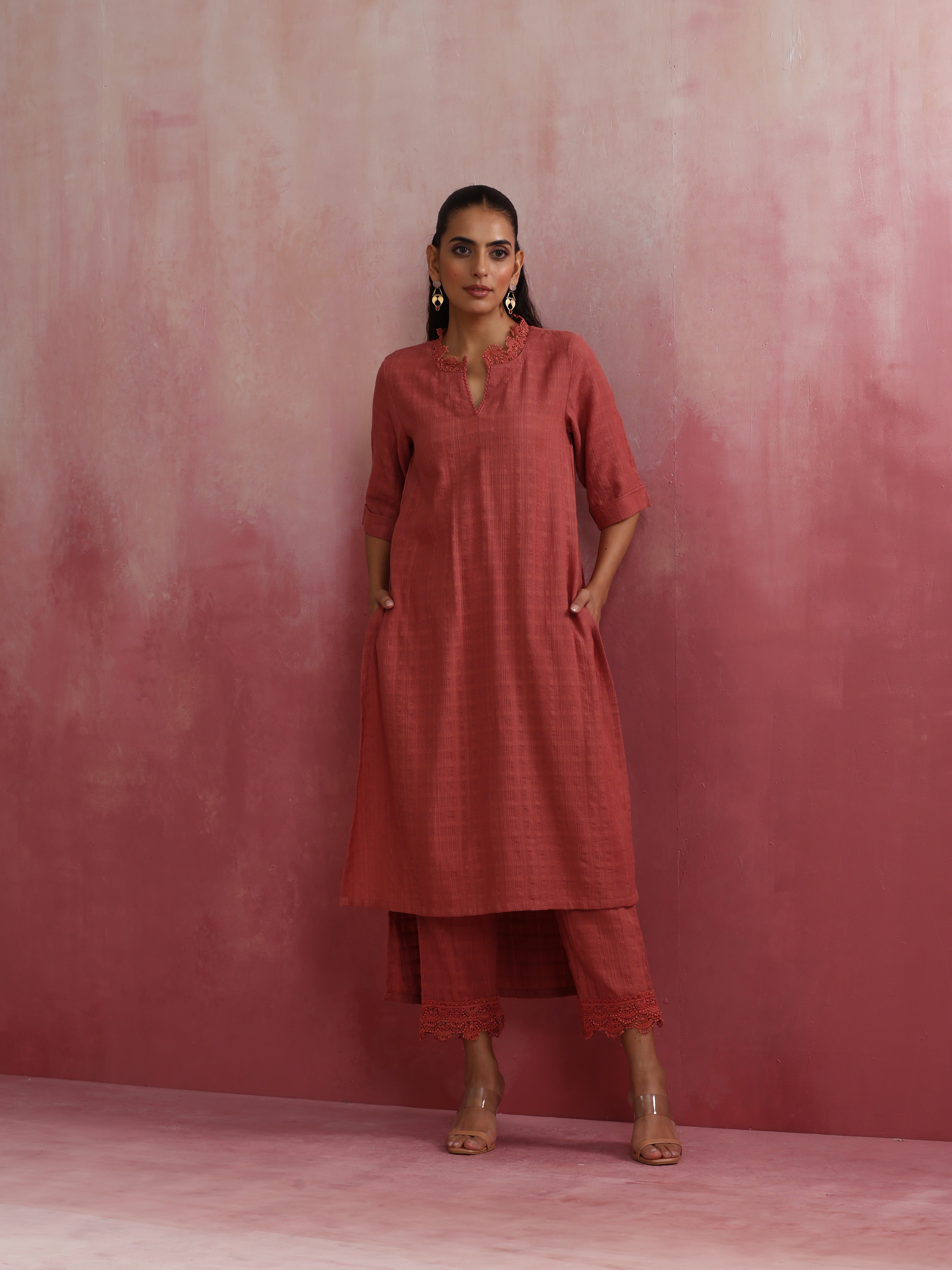 trueBrowns Peach High low Cotton Dobby Kurta Set - Distacart