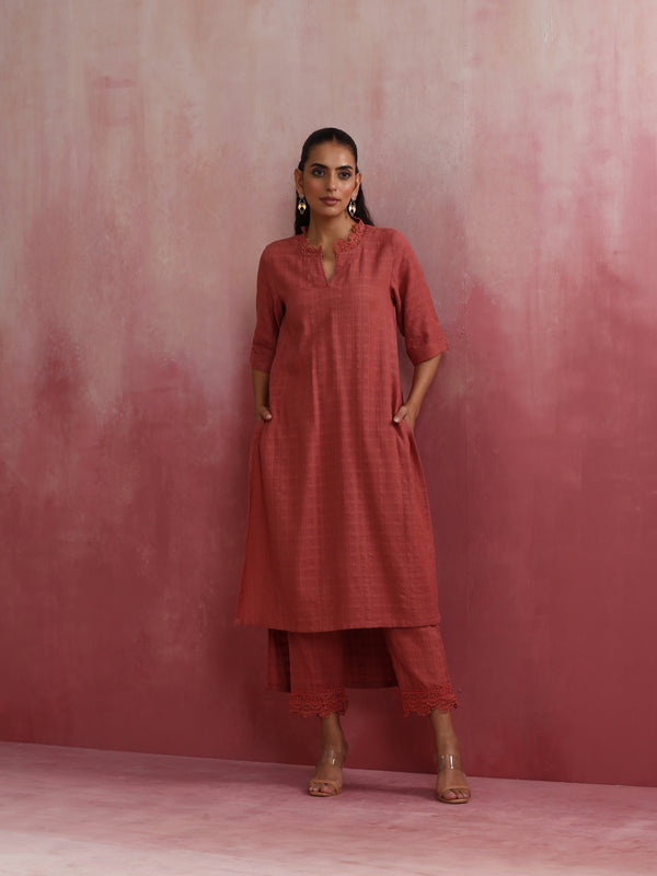 trueBrowns Peach High low Cotton Dobby Kurta Set - Distacart
