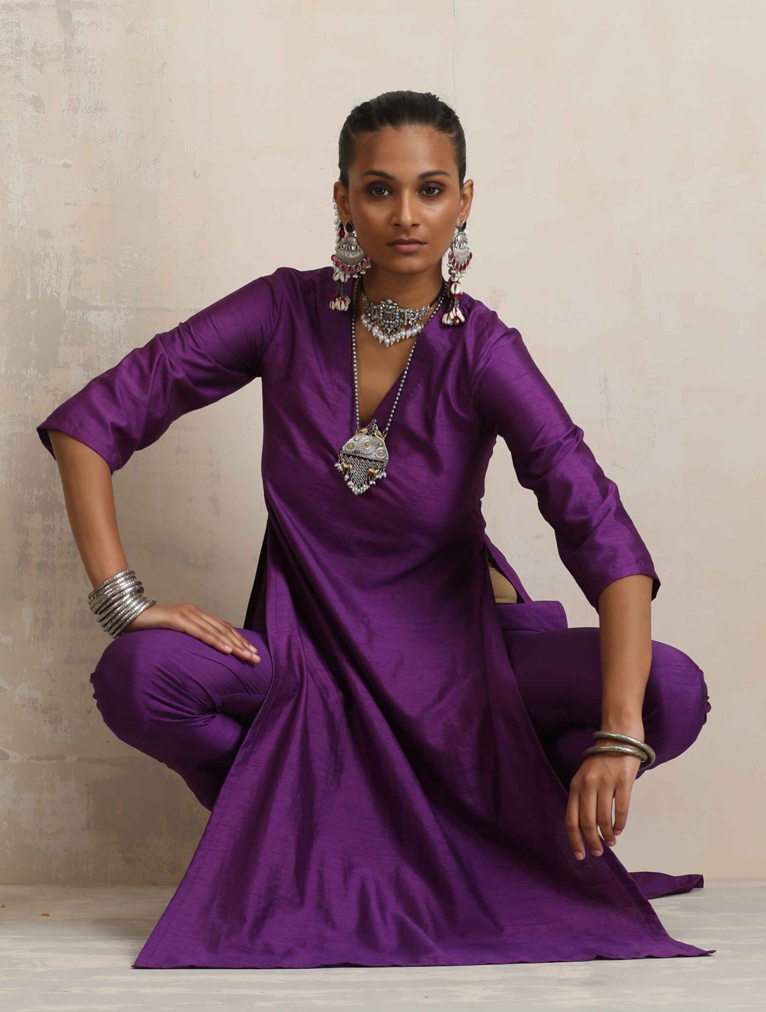 trueBrowns Purple Silk High Slit Kurta Set - Distacart