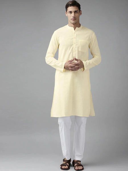 Fabmade Men Cream Cotton Linen Kurta Pyjama