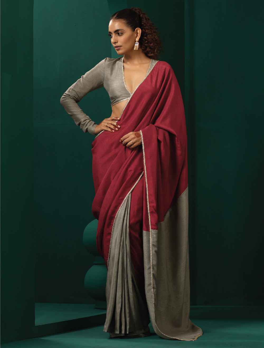 trueBrowns Grey Maroon Silk Ready to Wear Saree - Distacart