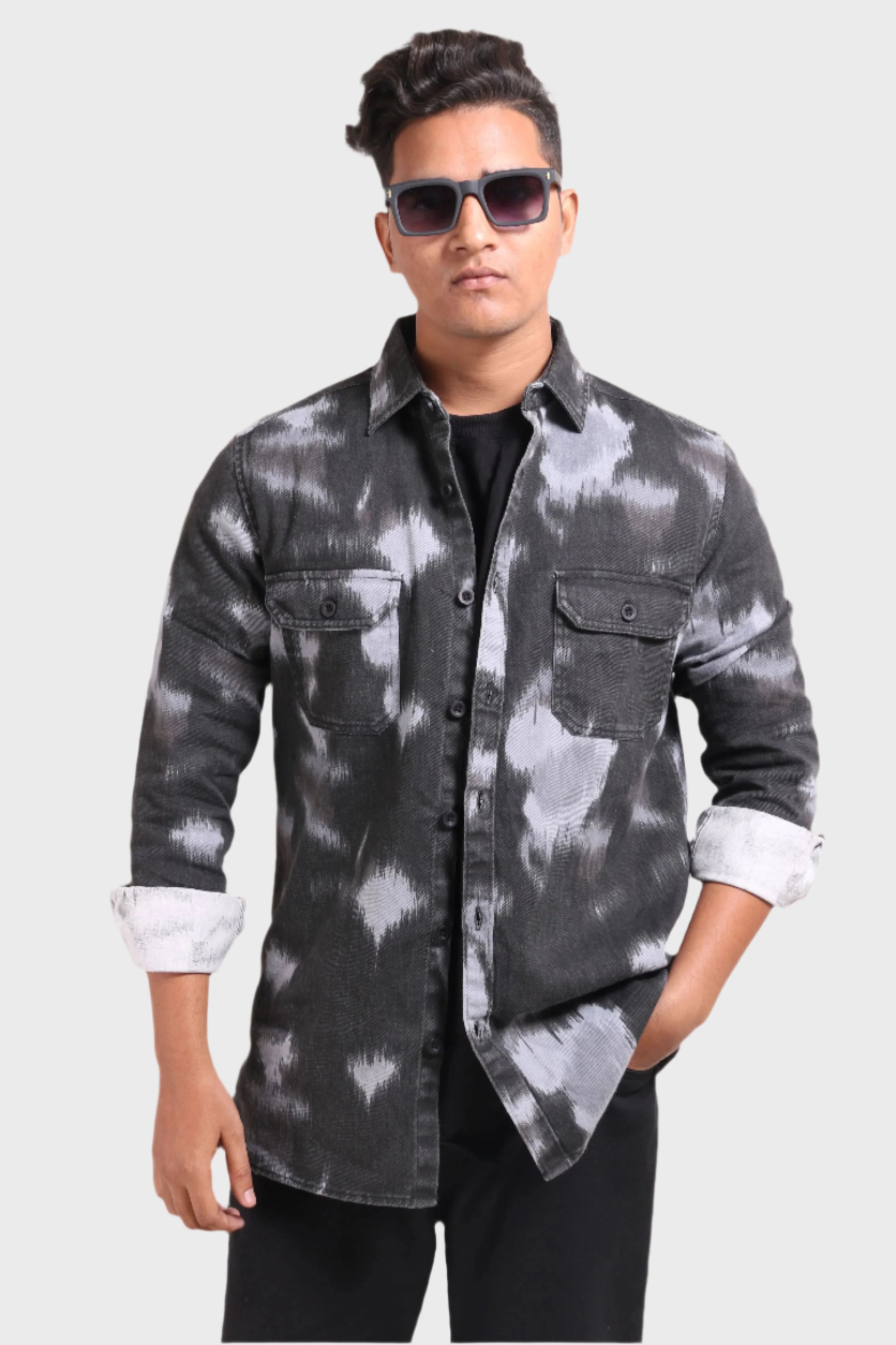 Xkind Light Blue Printed Denim Shacket - Distacart