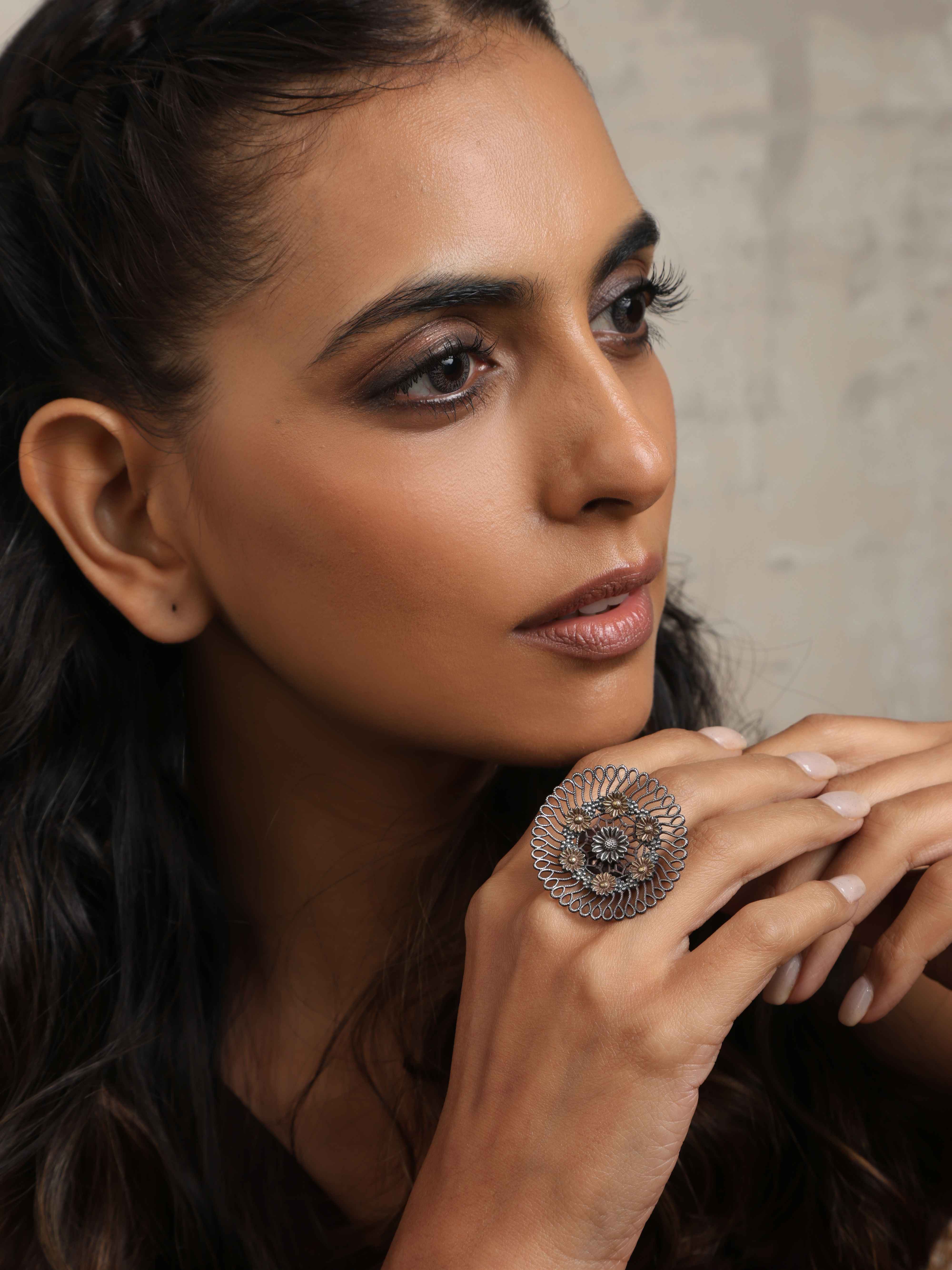 trueBrowns Silver Tone Floral Circular Ring - Distacart