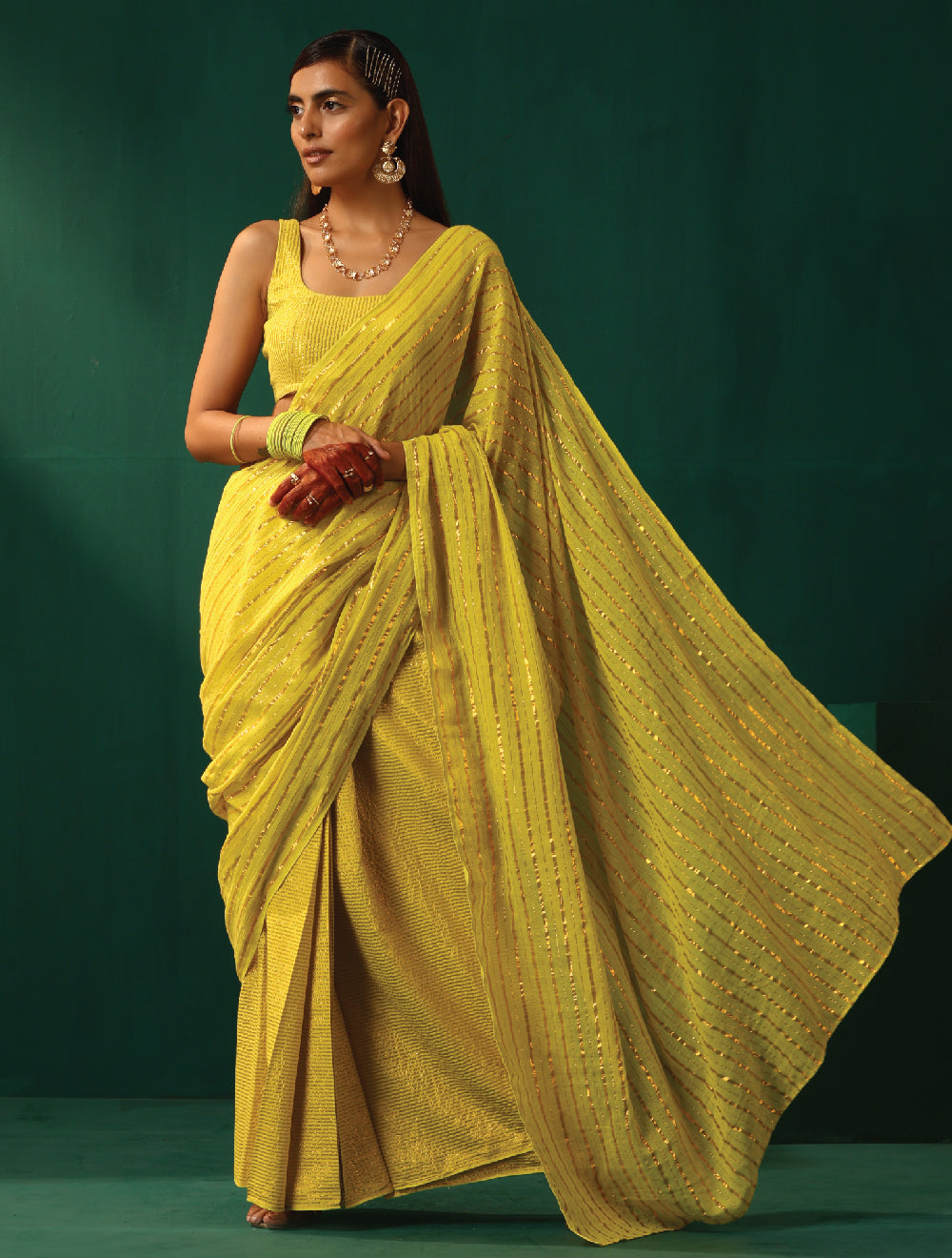 trueBrowns Lime Cotton Gold Lurex Striped Ready to Wear Saree - Distacart