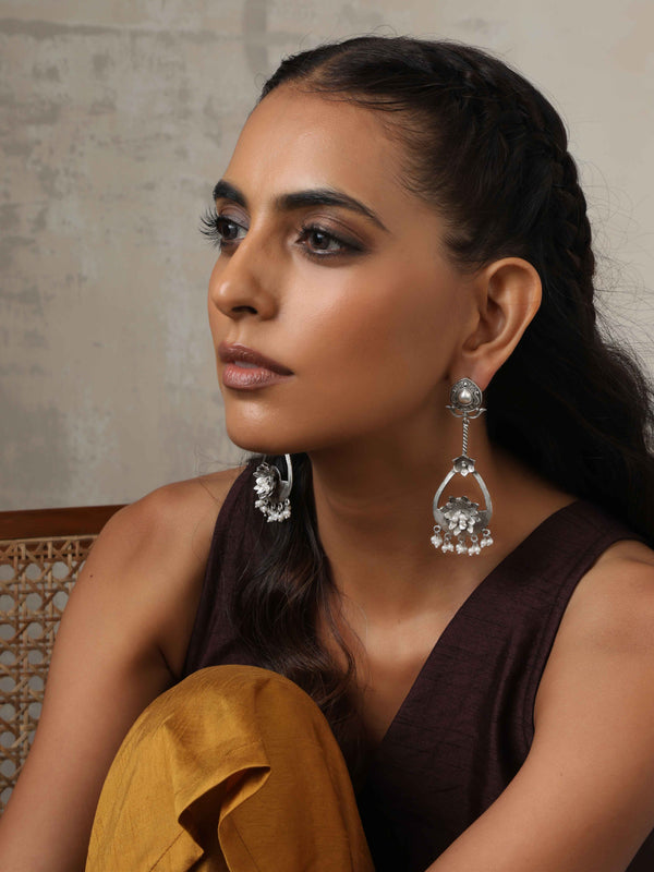 trueBrowns Silver Tone Floral Chandbaali Earrings - Distacart