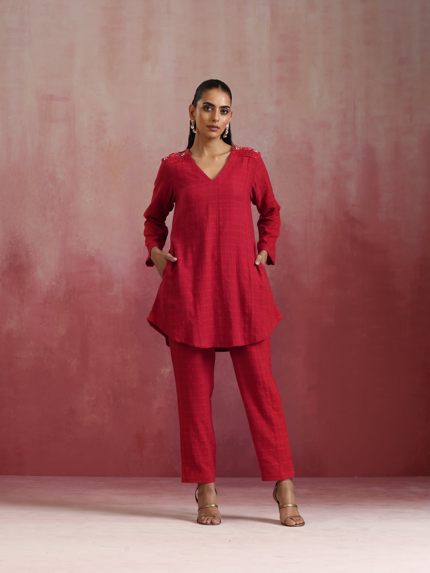 trueBrowns Red Cotton Dobby Kurta Co-ord set - Distacart