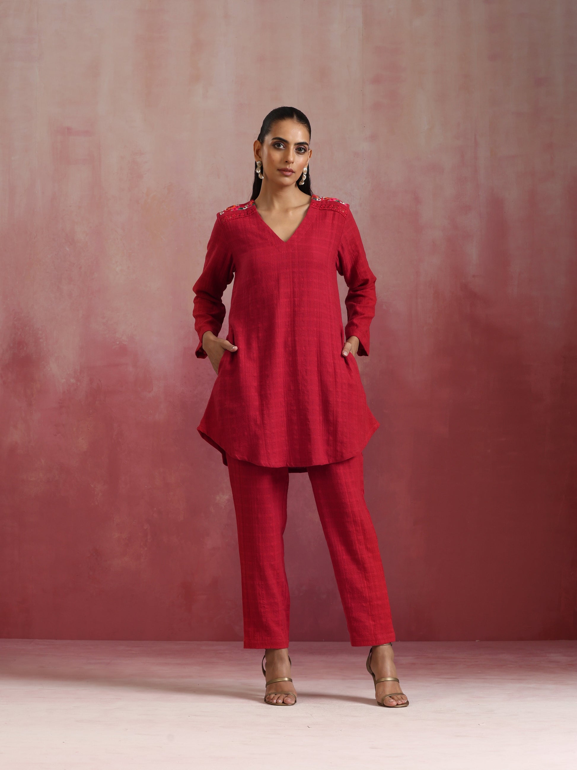trueBrowns Red Cotton Dobby Kurta Co-ord set - Distacart