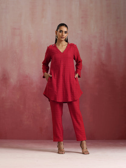 trueBrowns Red Cotton Dobby Kurta Co-ord set - Distacart