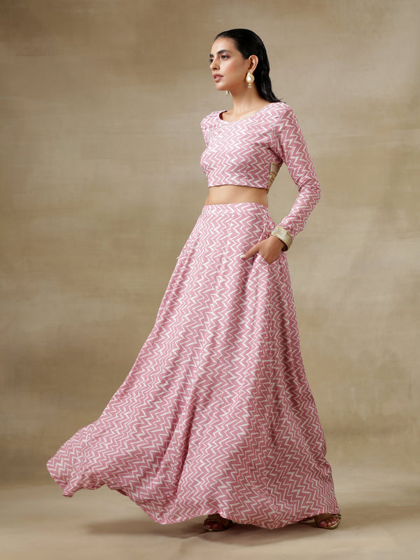 trueBrowns Light Mauve Bandhani Printed Silk Top Skirt Set - Distacart