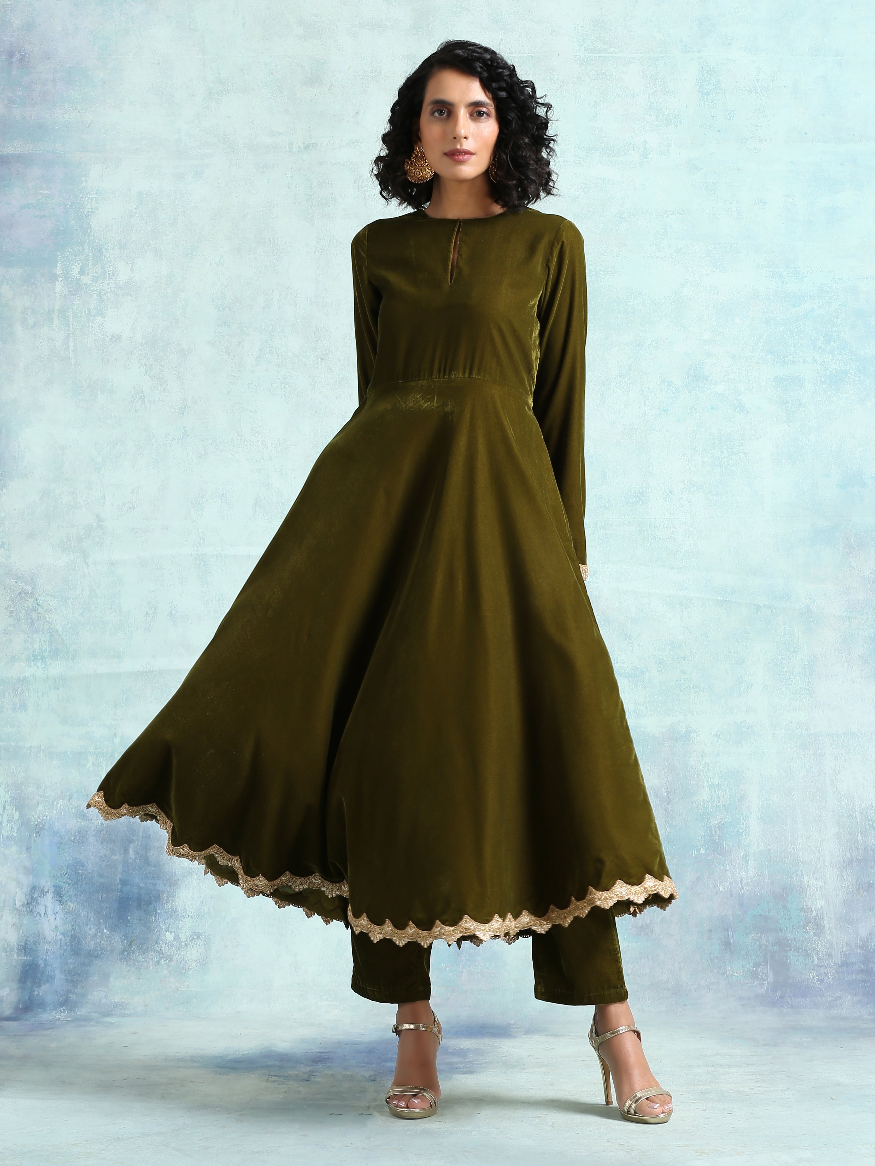 trueBrowns Mehandi Velvet Anarkali Kurta - Distacart