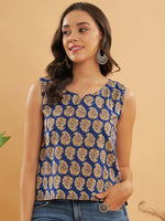 Thumbnail for InWeave Ink Blue Small Paisley Kalamkari W/U Top
