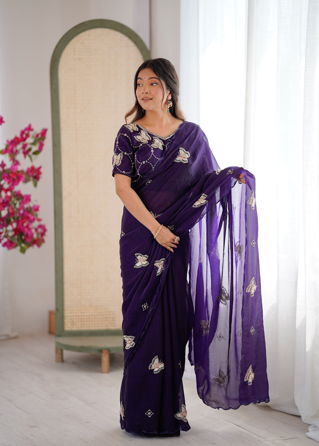 Evanik Purple Mos Silk With Handwork Butterfly Design Saree With Unstitched Blouse
