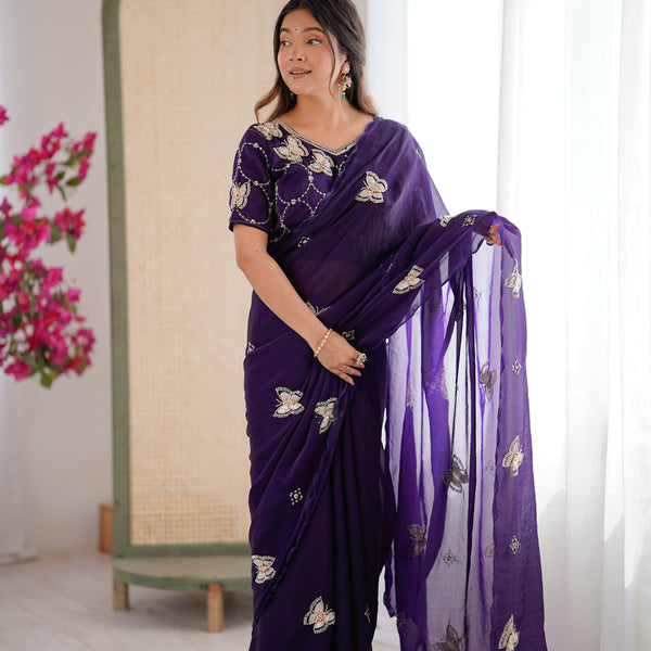Evanik Purple Mos Silk With Handwork Butterfly Design Saree With Unstitched Blouse