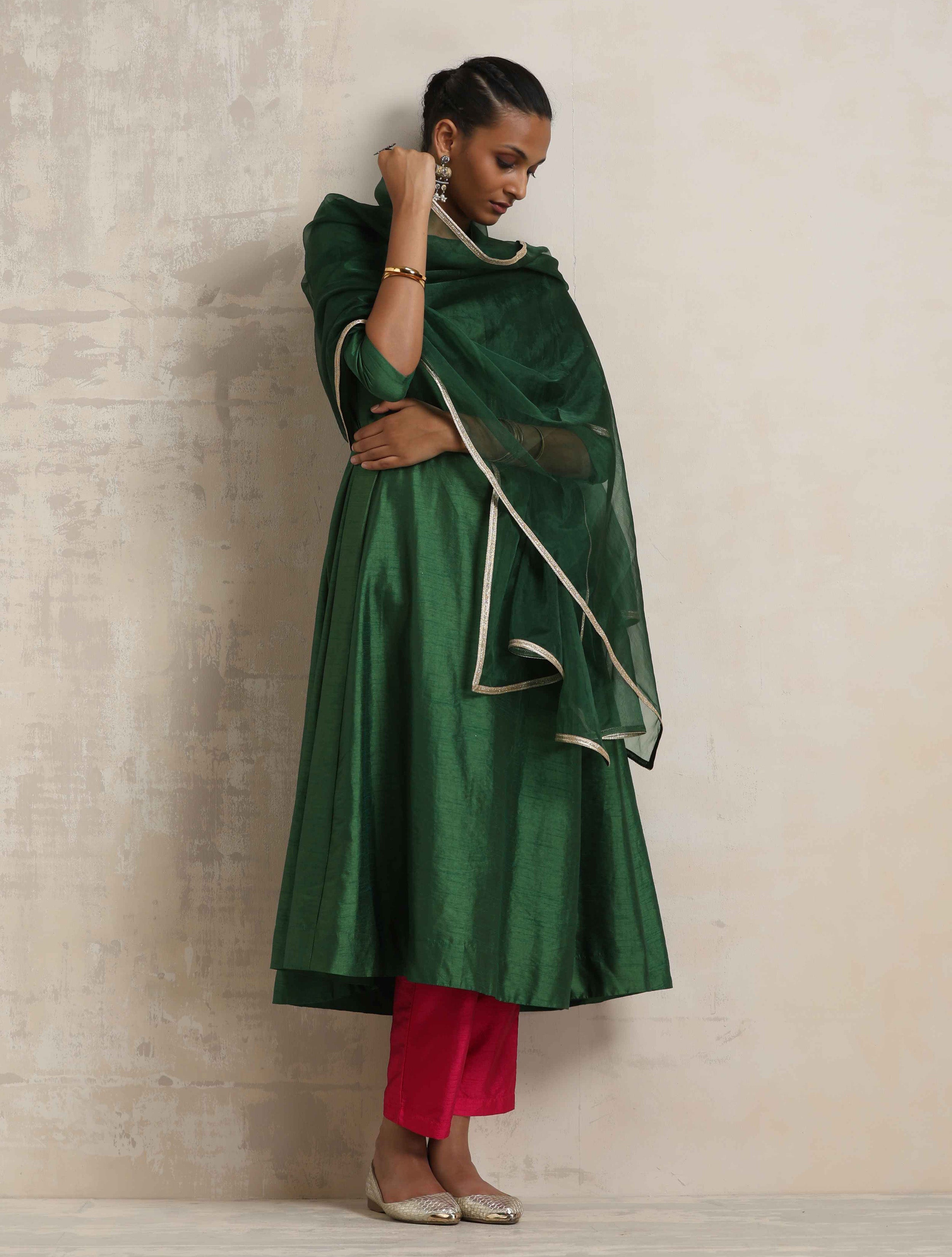 trueBrowns Dark Green Anarkali Kurta Pant Dupatta Set - Distacart