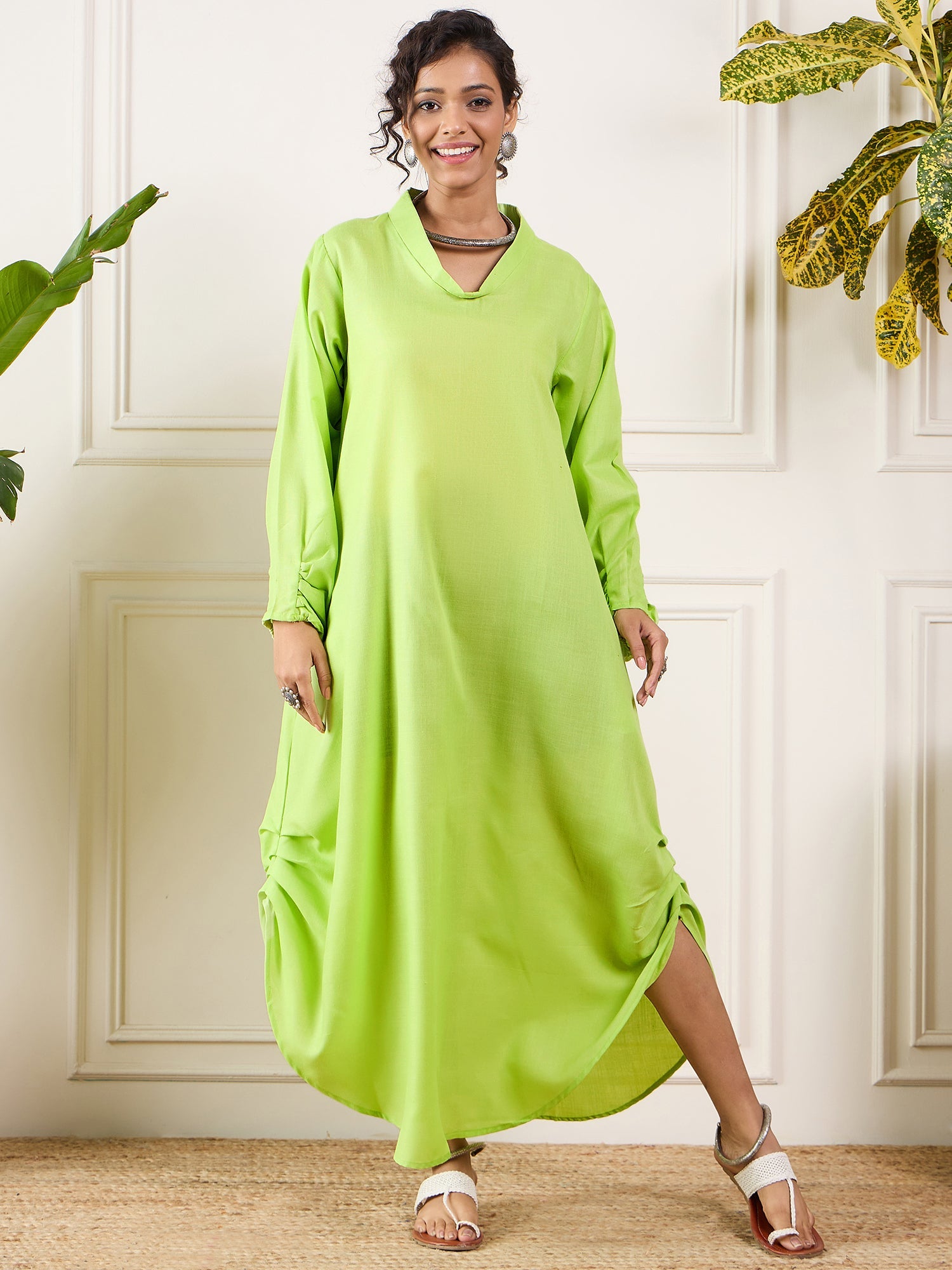 InWeave Neon Green Shawl Neck Long Side Pleat Dress - Distacart
