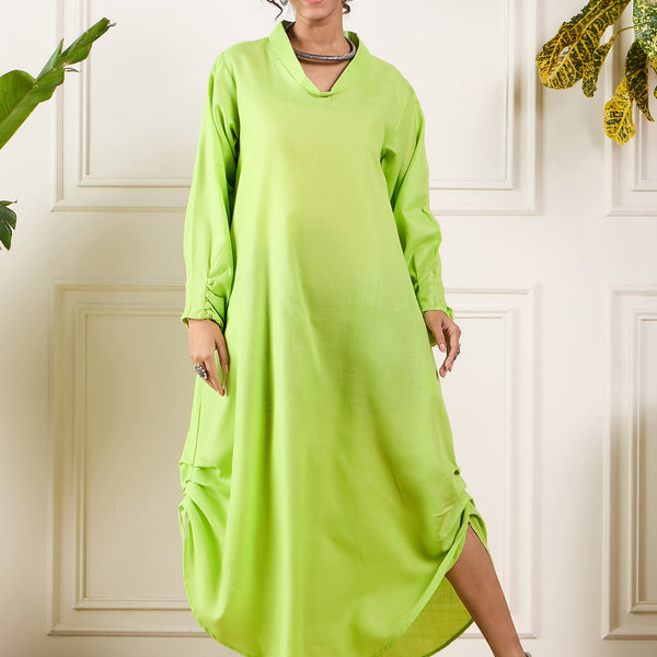 InWeave Neon Green Shawl Neck Long Side Pleat Dress - Distacart
