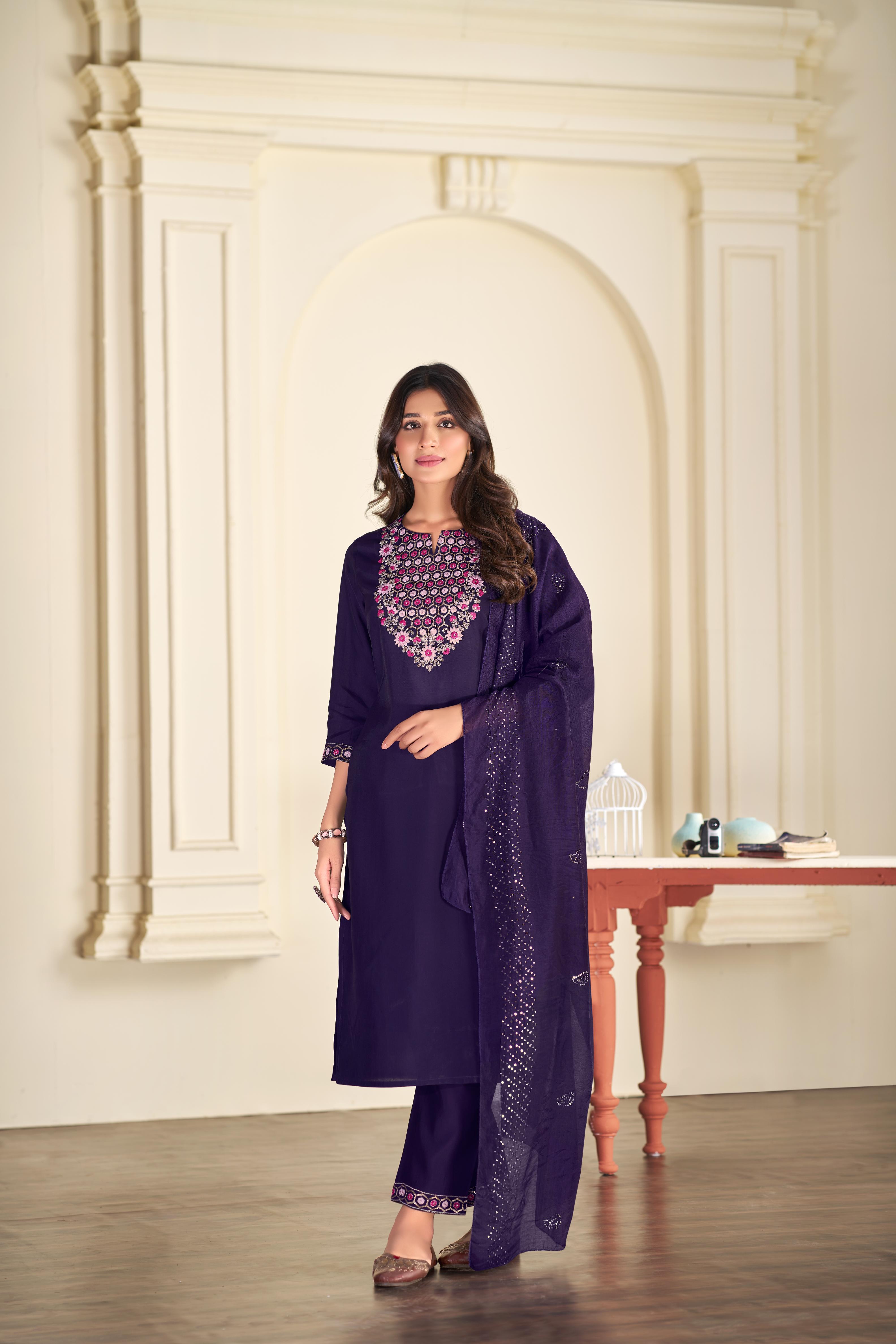 BulBul Ruhani Purple Embroidered Roman Silk Salwar Suit