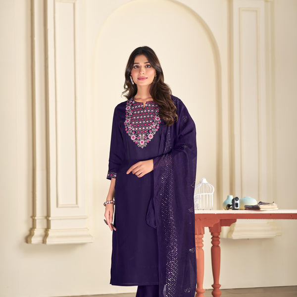 BulBul Ruhani Purple Embroidered Roman Silk Salwar Suit