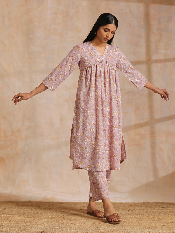 trueBrowns Grey Overall Floral Block Print Cotton Flared Slit Kurta Pant Set | Relove