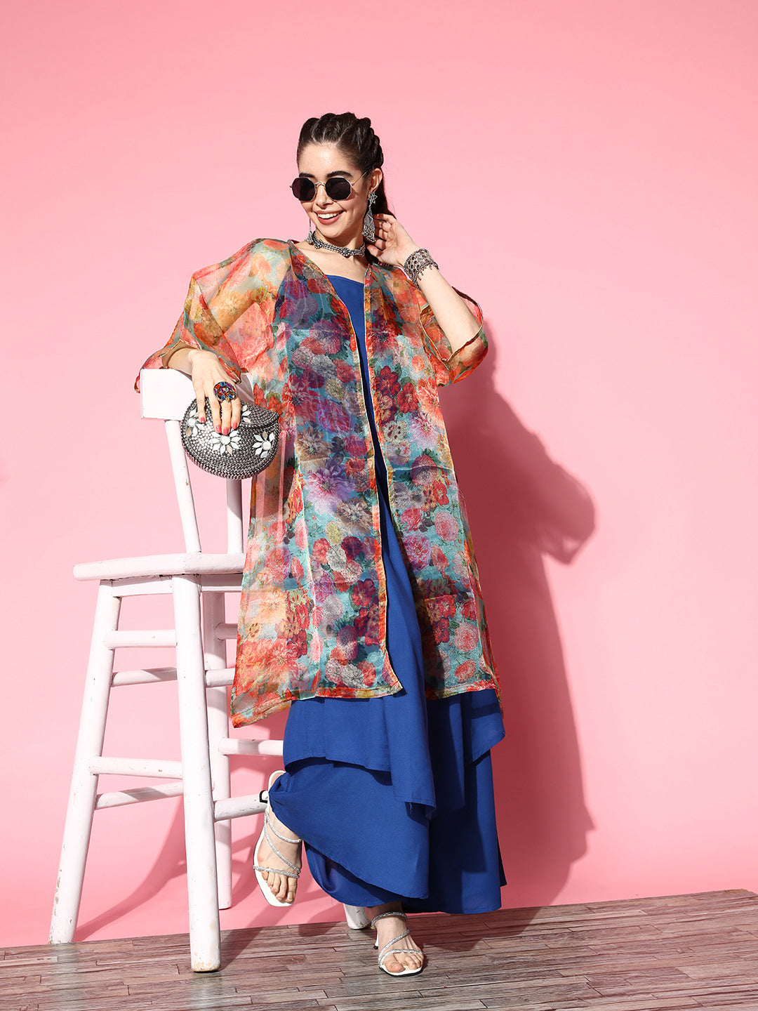 InWeave Ink Blue Strappy Set With Green Floral Long Organza Cape - Distacart